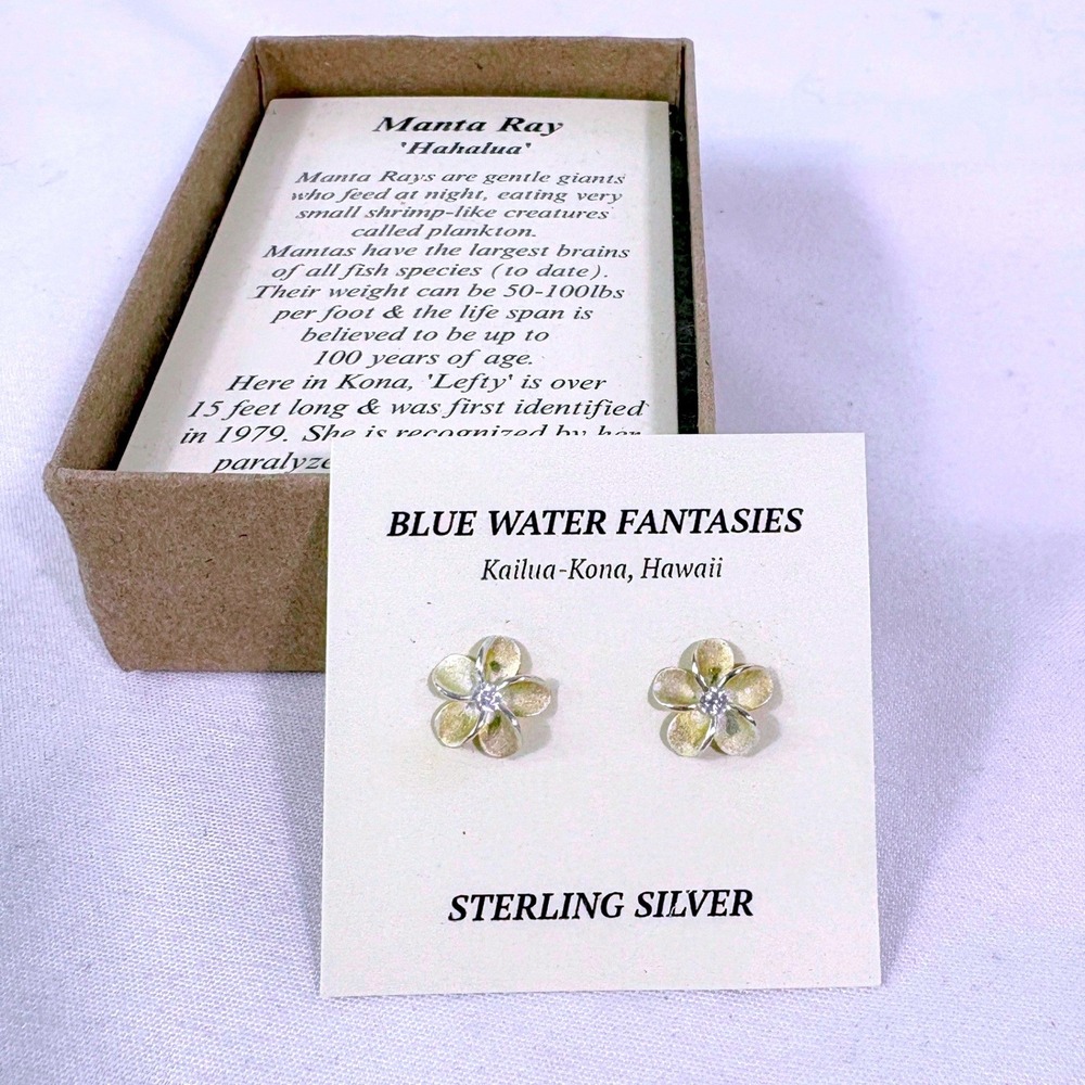 Blue Water Fantasies Hawaiian Earrings Flower Sterling Silver 925 Hibiscus 1cm